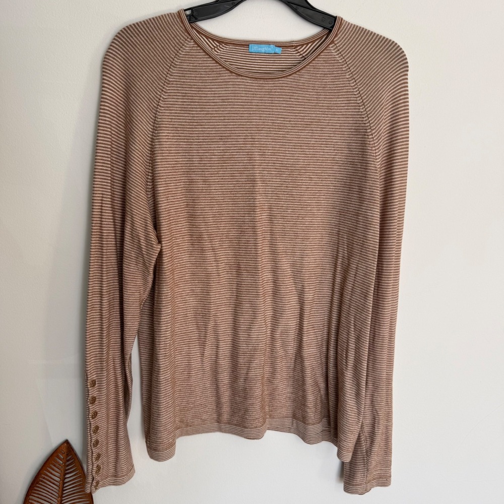 A14 J. McLaughlin XL Brown White Striped Raglan Long Sleeve Button Cuff Top